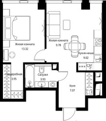 Планировка однокомнатной(квартира) площадью 47.07 квадратных метров в ЖК “ЖК Сити Бэй”