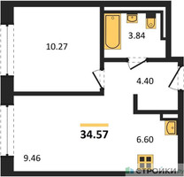 Планировка однокомнатной(квартира) площадью 34.57 квадратных метров в “ЖК Новое Видное”