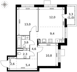 Планировка трехкомнатной(квартира) площадью 64.7 квадратных метров в ЖК “ЖК 1-й Саларьевский (Первый Саларьевский)”