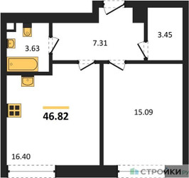 Планировка однокомнатной(квартира) площадью 46.82 квадратных метров в ЖК “ЖК Sezar City (Сезар Сити)”