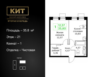 Планировка однокомнатной(квартира) площадью 35.8 квадратных метров в ЖК “ЖК КИТ 2”
