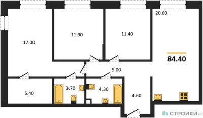 Планировка трехкомнатной(квартира) площадью 84.4 квадратных метров в ЖК “ЖК Шагал”