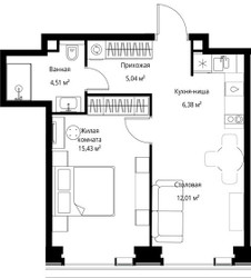 Планировка однокомнатной(квартира) площадью 43.37 квадратных метров в ЖК “Мультиквартал СИТИДЗЕН”