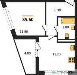 Планировка однокомнатной(квартира) площадью 35.6 квадратных метров в ЖК “ЖК Родные кварталы”