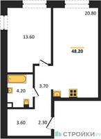 Планировка однокомнатной(квартира) площадью 48.2 квадратных метров в “ЖК Shagal (Шагал)”