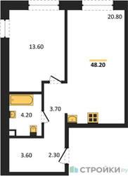 Планировка однокомнатной(квартира) площадью 48.2 квадратных метров в ЖК “ЖК Shagal (Шагал)”