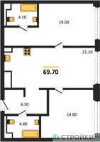 Планировка двухкомнатной(квартира) площадью 69.7 квадратных метров в “ЖК СТОУН Грэйн”