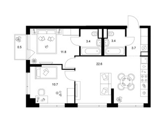 Планировка двухкомнатной(квартира) площадью 56.1 квадратных метров в ЖК “Бунинская набережная”