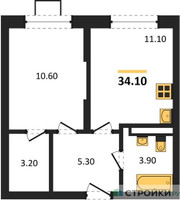 Планировка однокомнатной(квартира) площадью 34.1 квадратных метров в “ЖК Видный берег 2”