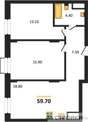 Планировка двухкомнатной(квартира) площадью 59.7 квадратных метров в ЖК “ЖК Резиденции Сколково”