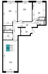 Планировка трехкомнатной(квартира) площадью 77.3 квадратных метров в ЖК “ЖК Одинцово Сити”