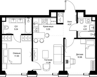 Планировка двухкомнатной(квартира) площадью 53.56 квадратных метров в ЖК “ЖК СЕТ”