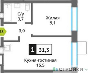 Планировка однокомнатной(квартира) площадью 31.3 квадратных метров в ЖК “ЖК Никольский квартал Отрада”