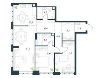 Планировка трехкомнатной(квартира) площадью 82.1 квадратных метров в ЖК “ЖК Левел Южнопортовая”