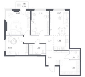 Планировка трехкомнатной(квартира) площадью 87.43 квадратных метров в ЖК “ЖК Пригород Лесное”