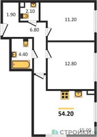 Планировка двухкомнатной(квартира) площадью 54.2 квадратных метров в “Жилые кварталы Белый Град”