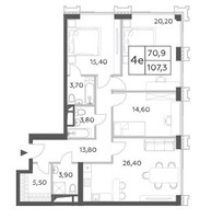 Планировка 4+ комнатной(квартира) площадью 107.3 квадратных метров в “ЖК Will Towers (Вилл Тауэрс)”