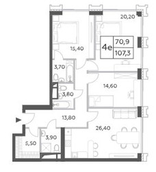 Планировка 4+ комнате(квартира) площадью 107.3 квадратных метров в “ЖК Will Towers (Вилл Тауэрс)”