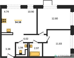 Планировка двухкомнатной(квартира) площадью 54.58 квадратных метров в ЖК “ЖК Алхимово”