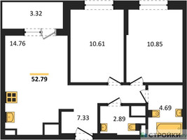 Планировка двухкомнатной(квартира) площадью 52.79 квадратных метров в “ЖК Светлый мир Станция Л”