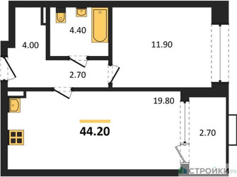 Планировка однокомнатной(квартира) площадью 44.2 квадратных метров в ЖК “ЖК Прокшино”
