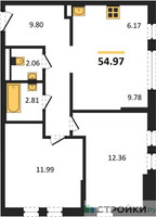 Планировка двухкомнатной(квартира) площадью 54.97 квадратных метров в “ЖК Остафьево”