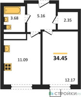 Планировка однокомнатной(квартира) площадью 34.45 квадратных метров в “ЖК Новотомилино”