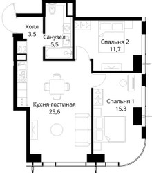 Планировка двухкомнатной(квартира) площадью 61.6 квадратных метров в ЖК “ЖК Сити Бэй”