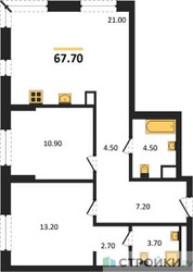 Планировка двухкомнатной(квартира) площадью 67.7 квадратных метров в ЖК “ЖК Детали”