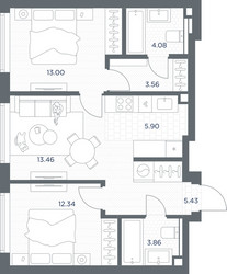 Планировка двухкомнатной(квартира) площадью 61.66 квадратных метров в ЖК “ЖК TATE (Тэйт)”