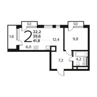 Планировка двухкомнатной(квартира) площадью 41.9 квадратных метров в “Новые Ватутинки. Заречный”