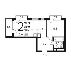 Планировка двухкомнатной(квартира) площадью 41.9 квадратных метров в ЖК “Новые Ватутинки. Заречный”