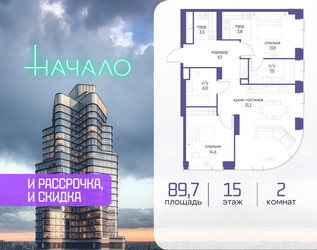 Планировка двухкомнатной(квартира) площадью 89.7 квадратных метров в ЖК “ЖК Начало”