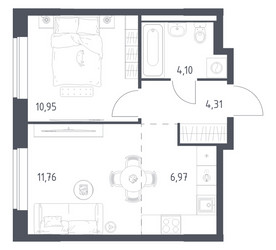Планировка однокомнатной(квартира) площадью 38.09 квадратных метров в ЖК “ЖК Новое Видное”