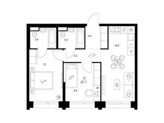 Планировка двухкомнатной(квартира) площадью 51.1 квадратных метров в ЖК “ЖК Строгино 360”