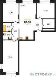 Планировка трехкомнатной(квартира) площадью 82.5 квадратных метров в ЖК “ЖК Wave (Вейв)”