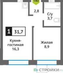 Планировка однокомнатной(квартира) площадью 31.7 квадратных метров в ЖК “ЖК Никольский квартал Отрада”