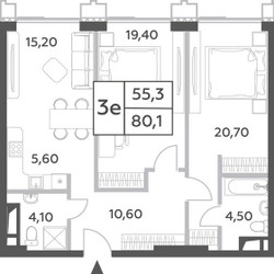 Планировка трехкомнатной(квартира) площадью 80.1 квадратных метров в ЖК “ЖК Will Towers (Вилл Тауэрс)”