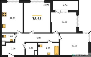 Планировка трехкомнатной(квартира) площадью 78.63 квадратных метров в “ЖК Одинград. Квартал Семейный”