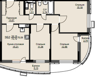 Планировка трехкомнатной(квартира) площадью 74.7 квадратных метров в ЖК “ЖК Соболевка”