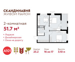 Планировка двухкомнатной(квартира) площадью 51.7 квадратных метров в “ЖК Скандинавия”