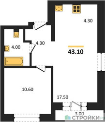 Планировка однокомнатной(квартира) площадью 43.1 квадратных метров в ЖК “ЖК Квартал Метроном”