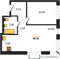 Планировка однокомнатной(квартира) площадью 40.91 квадратных метров в ЖК “ЖК Новое Видное”