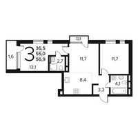 Планировка трехкомнатной(квартира) площадью 56.9 квадратных метров в “Новые Ватутинки. Заречный”