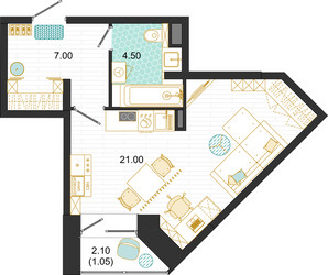 Планировка студии(квартира) площадью 33.55 квадратных метров в ЖК “ЖК Оптима”