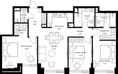 Планировка трехкомнатной(квартира) площадью 96.02 квадратных метров в ЖК “ЖК Сити Бэй”