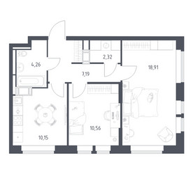 Планировка двухкомнатной(квартира) площадью 53.39 квадратных метров в ЖК “ЖК Большое Путилково”
