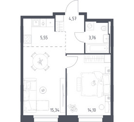 Планировка однокомнатной(квартира) площадью 43.32 квадратных метров в ЖК “ЖК Заречье Парк”