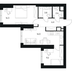 Планировка двухкомнатной(квартира) площадью 54.3 квадратных метров в ЖК “ЖК Нексус от Аквилон”