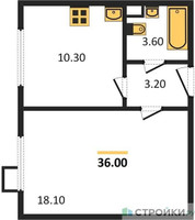 Планировка однокомнатной(квартира) площадью 36 квадратных метров в “ЖК ЮЖНАЯ БИТЦА”